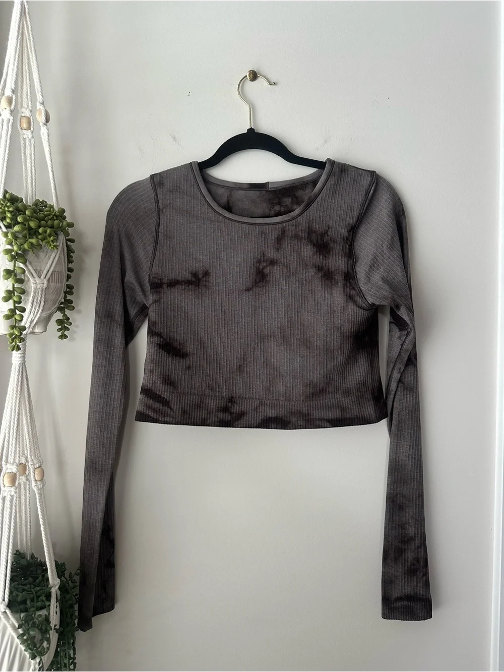lululemon athletica Women's Long Sleeve Ribbed Crop Top - Charcoal Tie-Dye